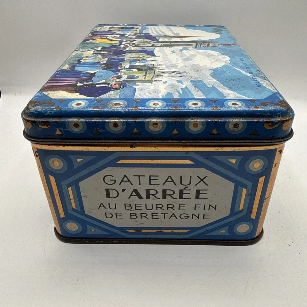 Old French Metal Tin Sur La Place De Pleyben Vibrant Colors 7x5